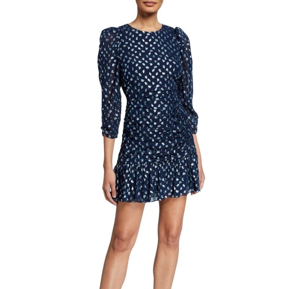 Tanya Taylor Raven Navy Blue Sparkle Silk Blend Ruched Mini Dress Women's 16